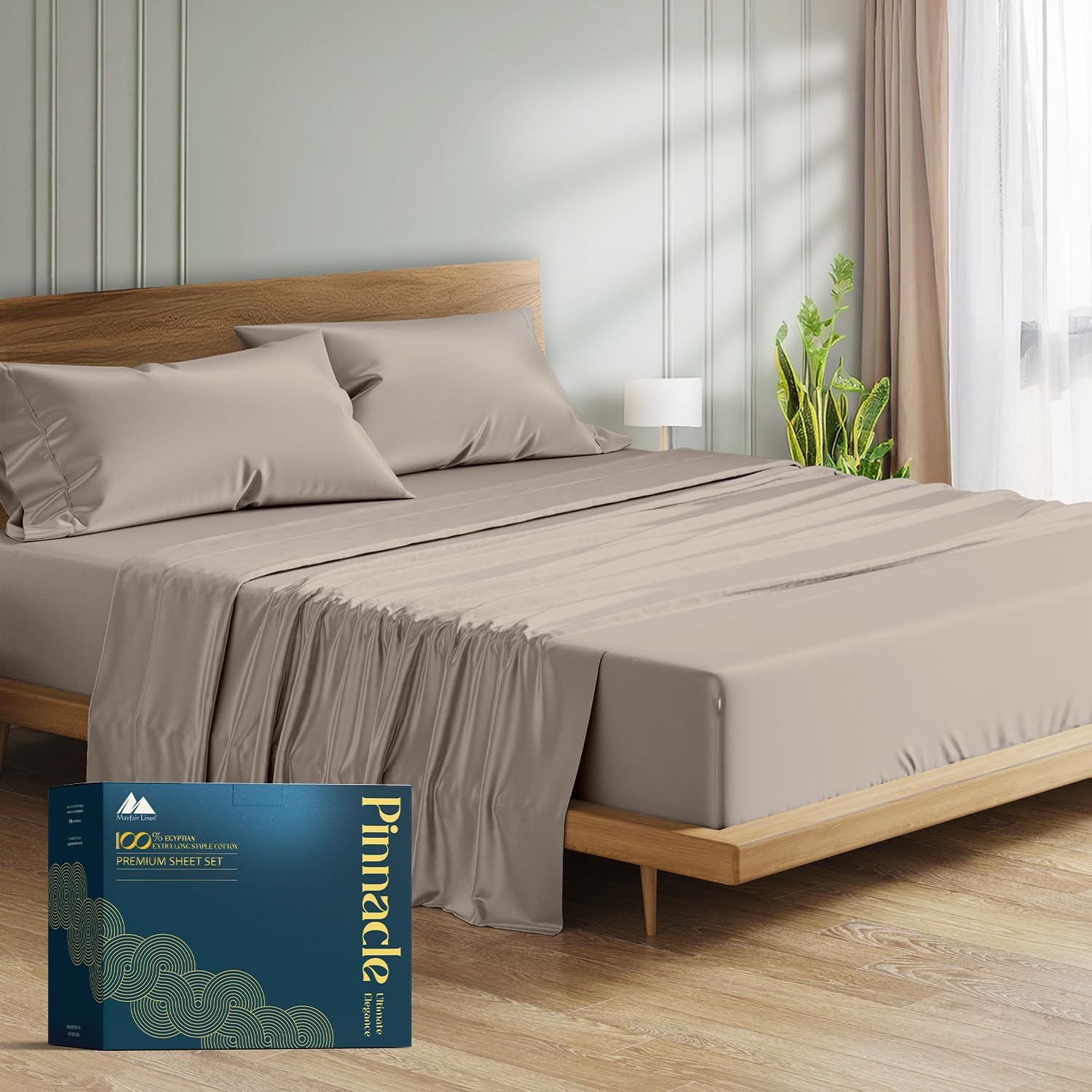 Mayfair Linen 100% Egyptian Cotton Sheets King Size - 1500 Series King Size Sheets Set Egyptian Cotton, Luxury Bedsheet (Taupe, 4 PC), Soft, Cooling, 17' Deep Pocket Sateen Weave Bedsheet Set