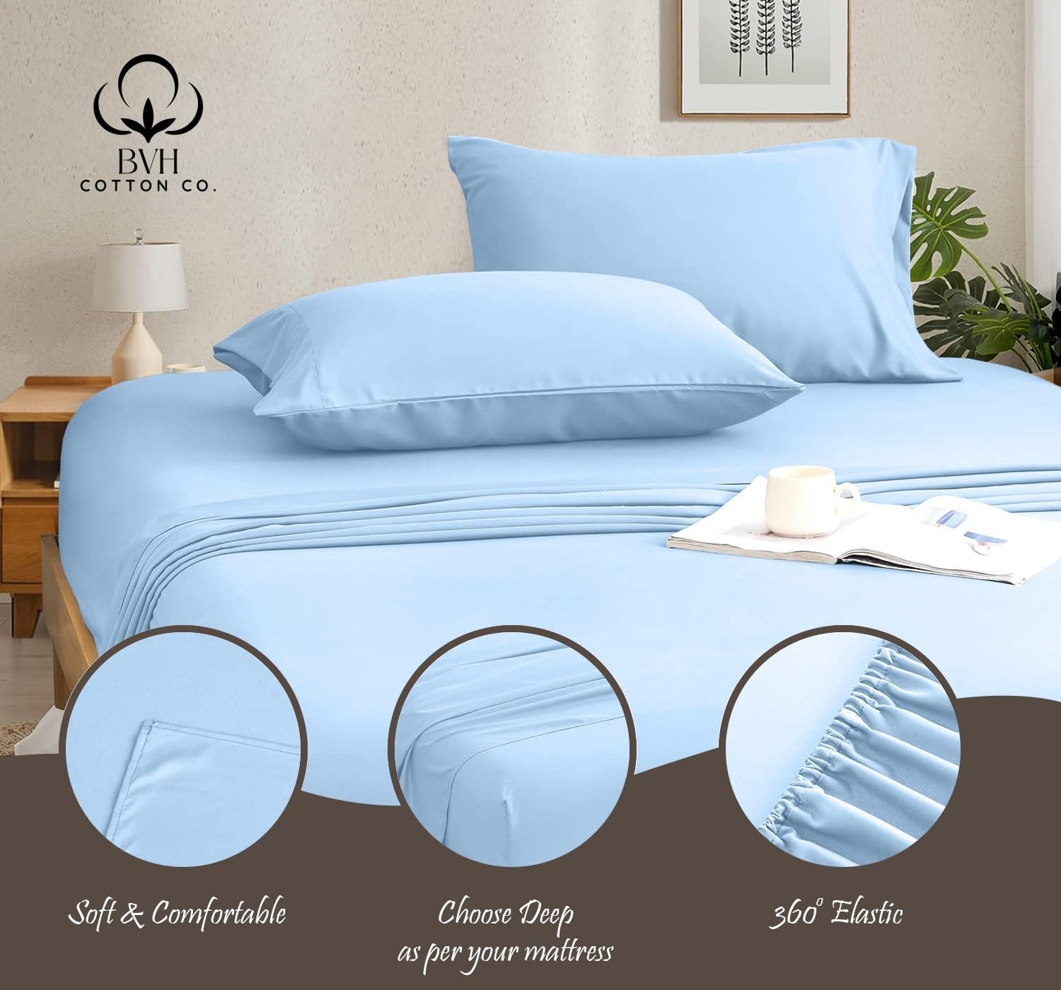 Egyptian Cotton Queen Size Sheet Set, 4Pc Bed Set, Soft & Breathable Percale Weave, Fits 10-12' Deep Pocket, Hotel-Quality 1000 Series Bed Sheets (Solid, Light Blue)
