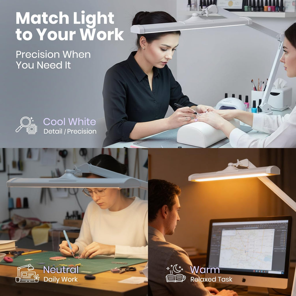 Neatfi 3,500 Lumens LED Desk Lamp – 45W Dimmable Task Light | Adjustable Color Temperature | 3 Light Modes | 540 SMD LEDs | Reading, Craft, Workbench & Office (White-2, 26-Inch Wide Shade)