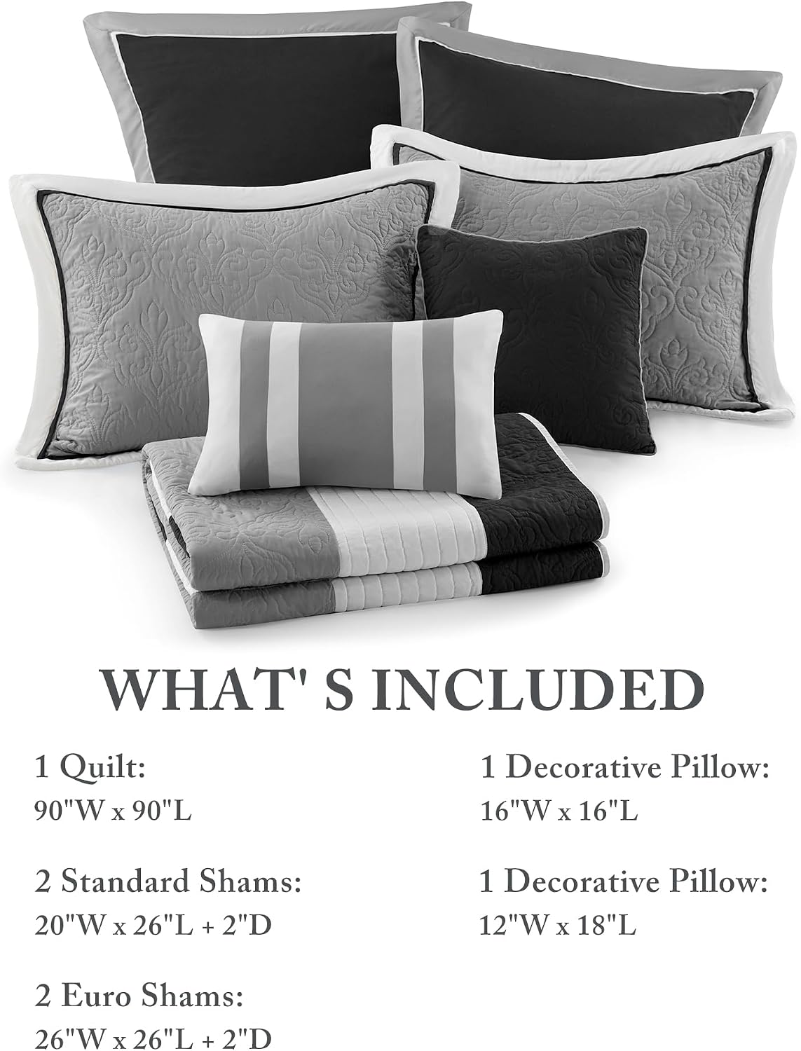 Madison Park Attingham Reversible Quilt Set - All Season Breathable Coverlet, Lightweight Cozy Bedding Layers, Matching Shams, Full/Queen(90'x90'), Black Multi 7 Piece