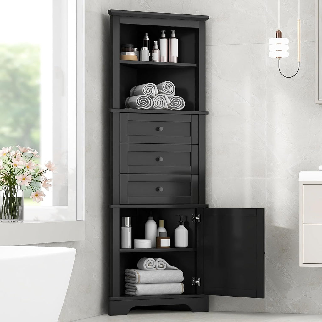 Bellemave Triangle Corner Cabinet, Tall Storage with 3 Drawers & Adjustable Shelves, for Bathroom Kitchen Living Room,MDF Board with Black Painted Finish,68.90' H
