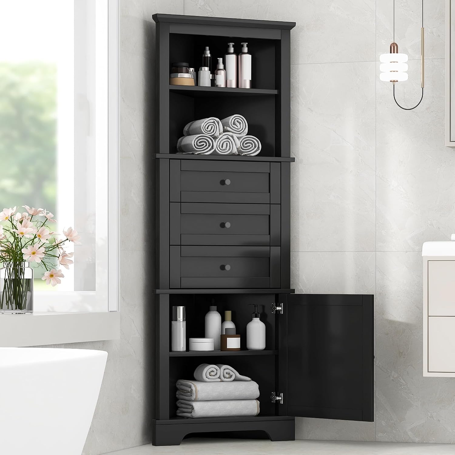 Bellemave Triangle Corner Cabinet, Tall Storage with 3 Drawers & Adjustable Shelves, for Bathroom Kitchen Living Room,MDF Board with Black Painted Finish,68.90' H