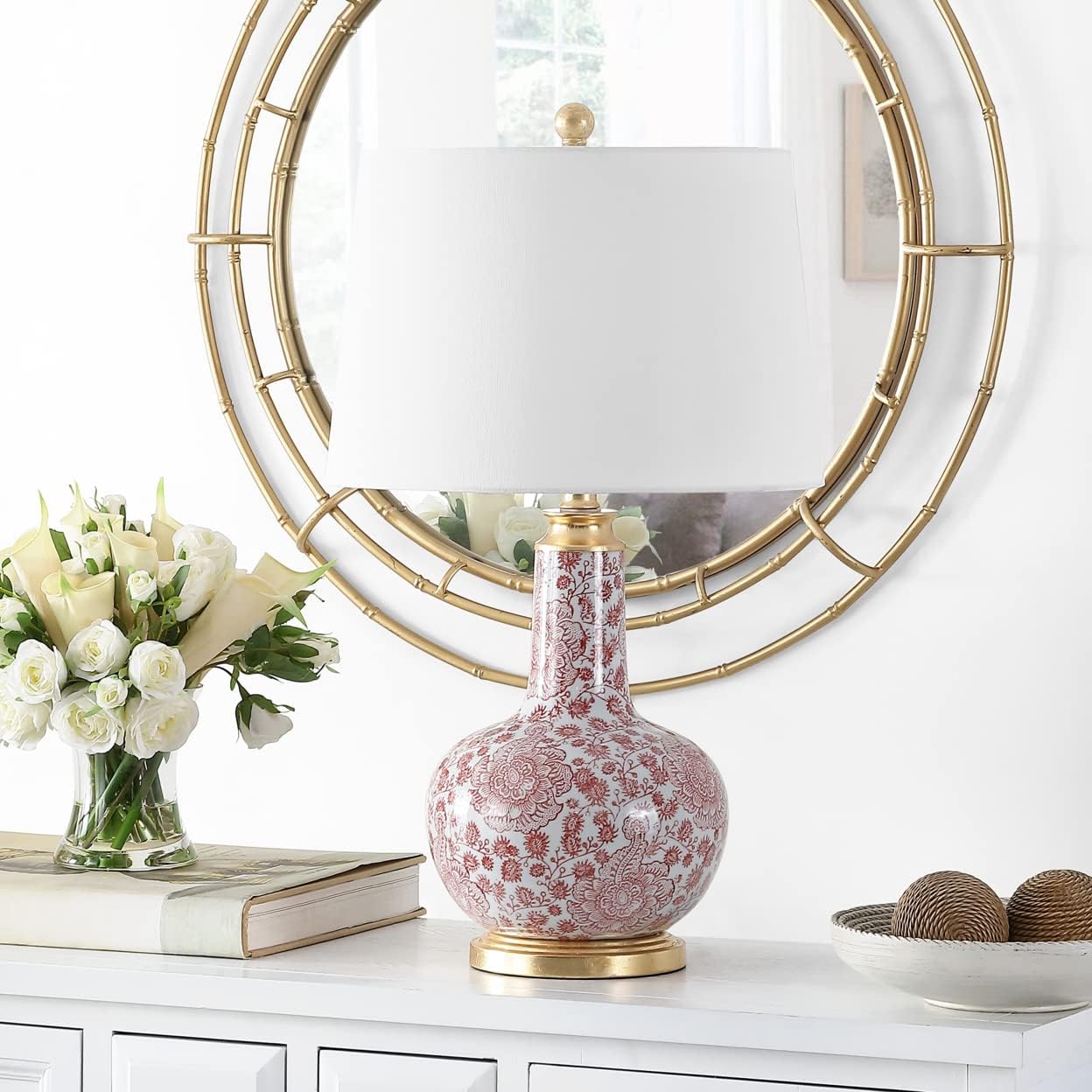 Safavieh Lighting Collection Leia Red Floral Chinoiserie Ceramic 26-inch Bedroom Living Room Home Office Desk Nightstand Table Lamp (LED Bulb Included)