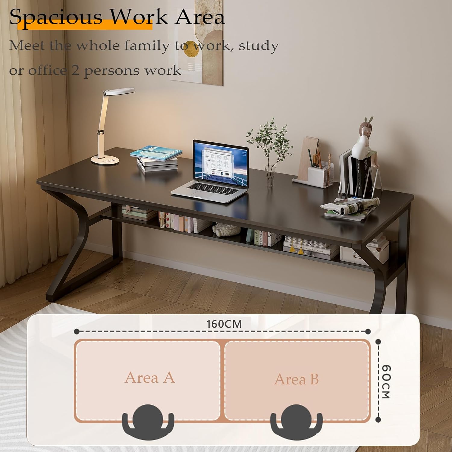 OSCHF Extra Long Desk with Bookshelf - 63' Double Long Writing Table for 2-Person Workstation, Modern Study Work Computer Desk for Home and Office, Black