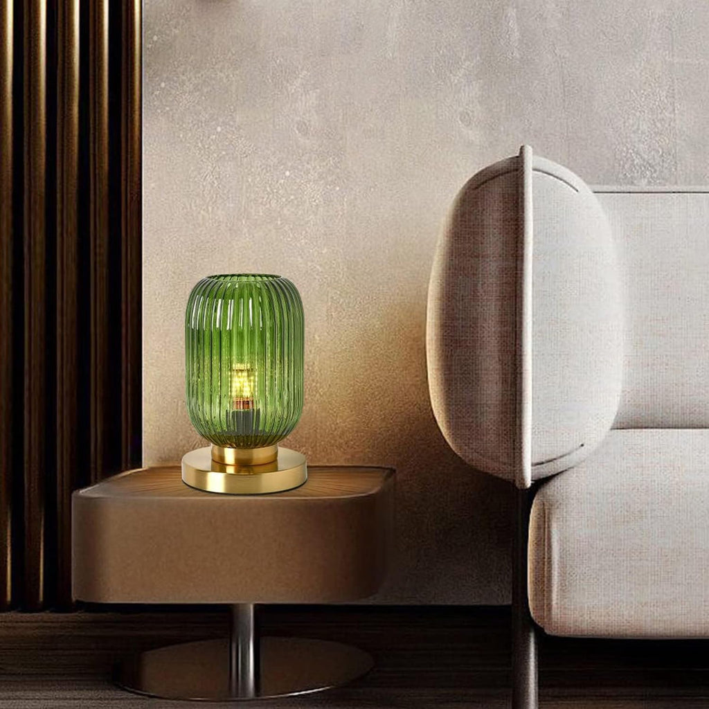 Glass Table Lamp of 2 Mid Century Table Lamps Modern Globe Table lamp Vintage Gold Desk Lamp Nightstand Lamp with Green Ribbed Design Shade for Bedside Bedroom Living Room Offic