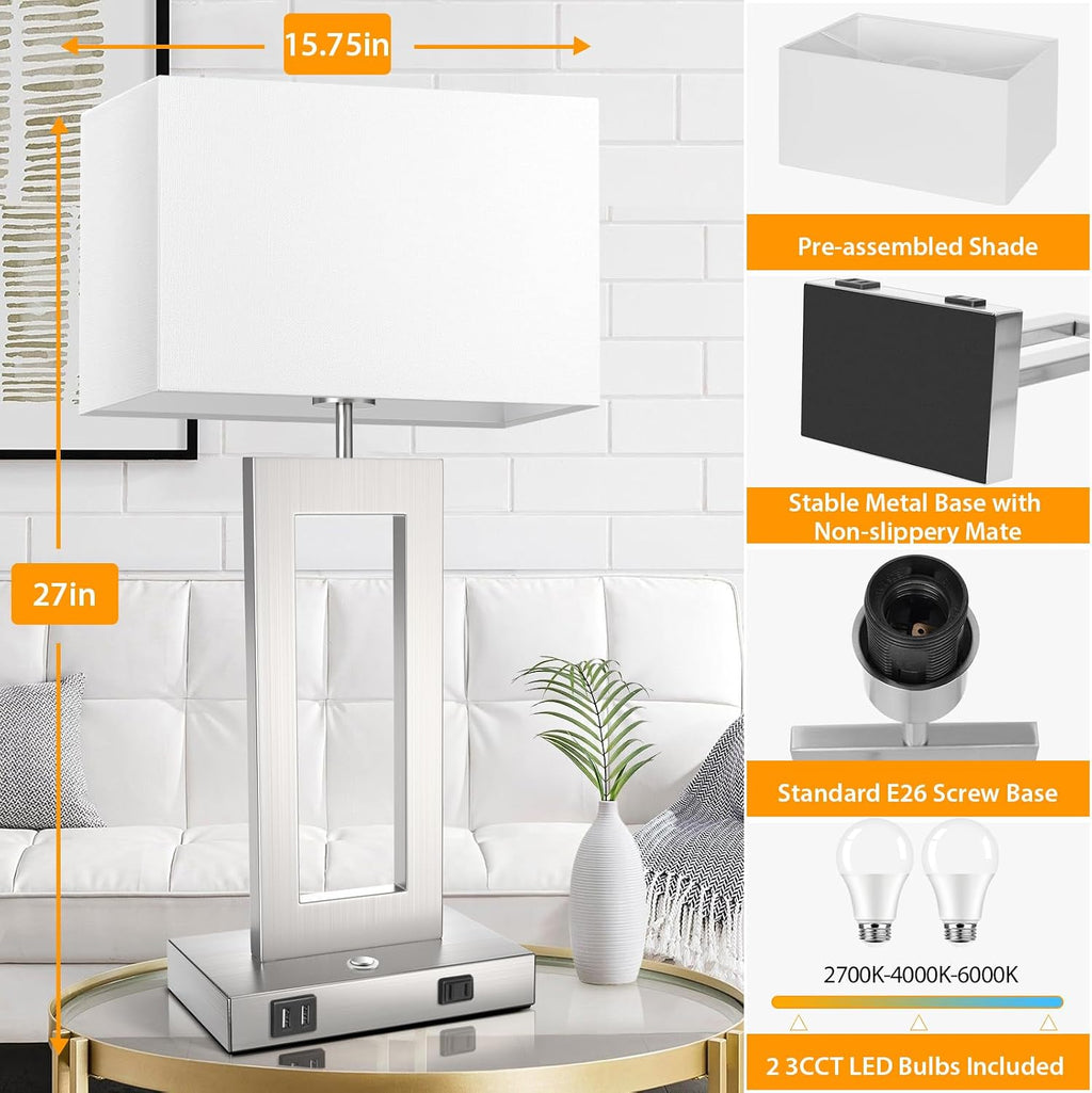 Table Lamps for Bedrooms Set of 2, 27.2'' Tall Modern Silver Lamps for Living Room Nightstand, Touch Control Bedside Lamps with 2 USB Ports&AC Outlet, Stepless Dimming, 3 Color Temp. Bulbs Covered