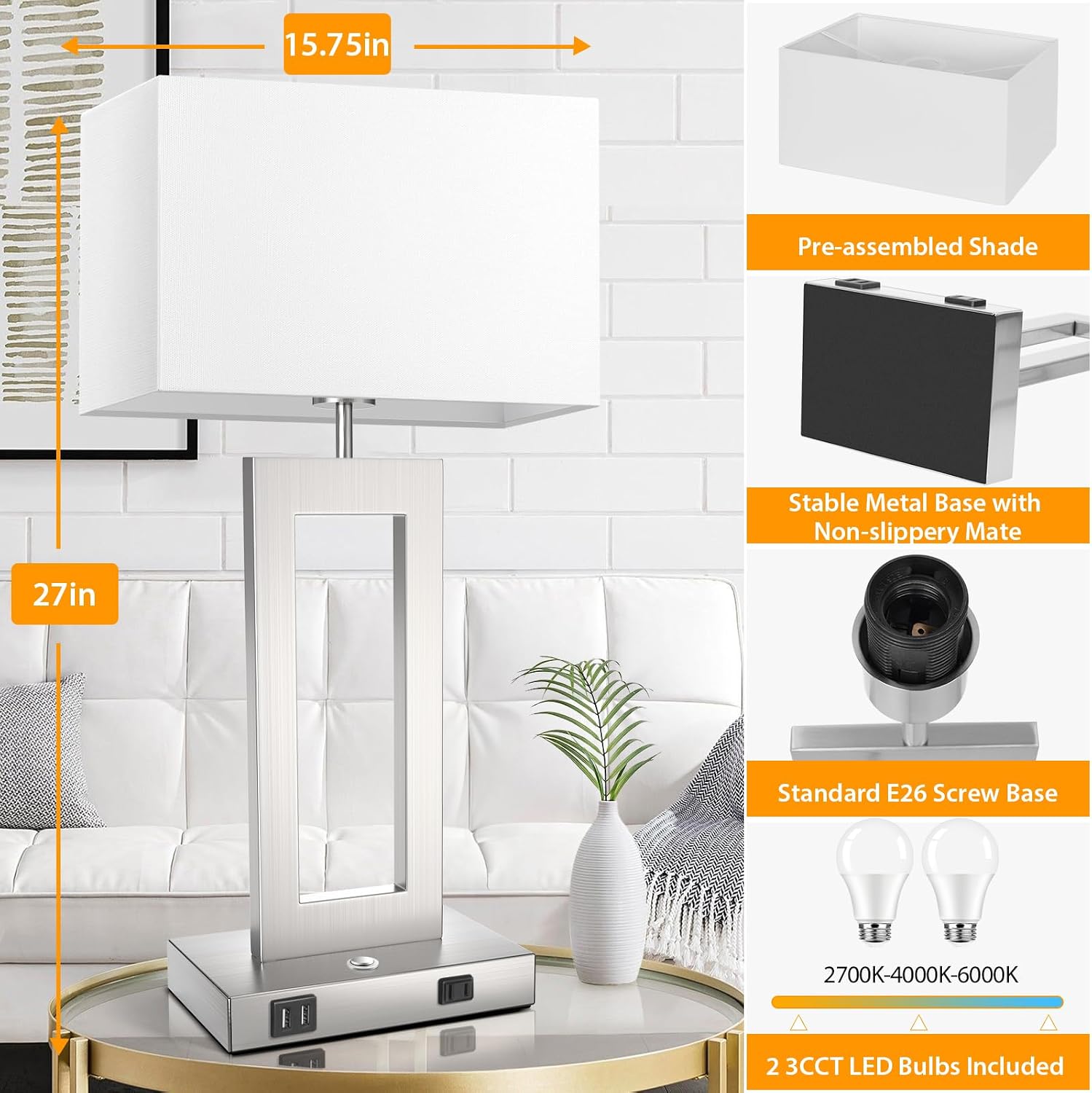 Table Lamps for Bedrooms Set of 2, 27.2'' Tall Modern Silver Lamps for Living Room Nightstand, Touch Control Bedside Lamps with 2 USB Ports&AC Outlet, Stepless Dimming, 3 Color Temp. Bulbs Covered