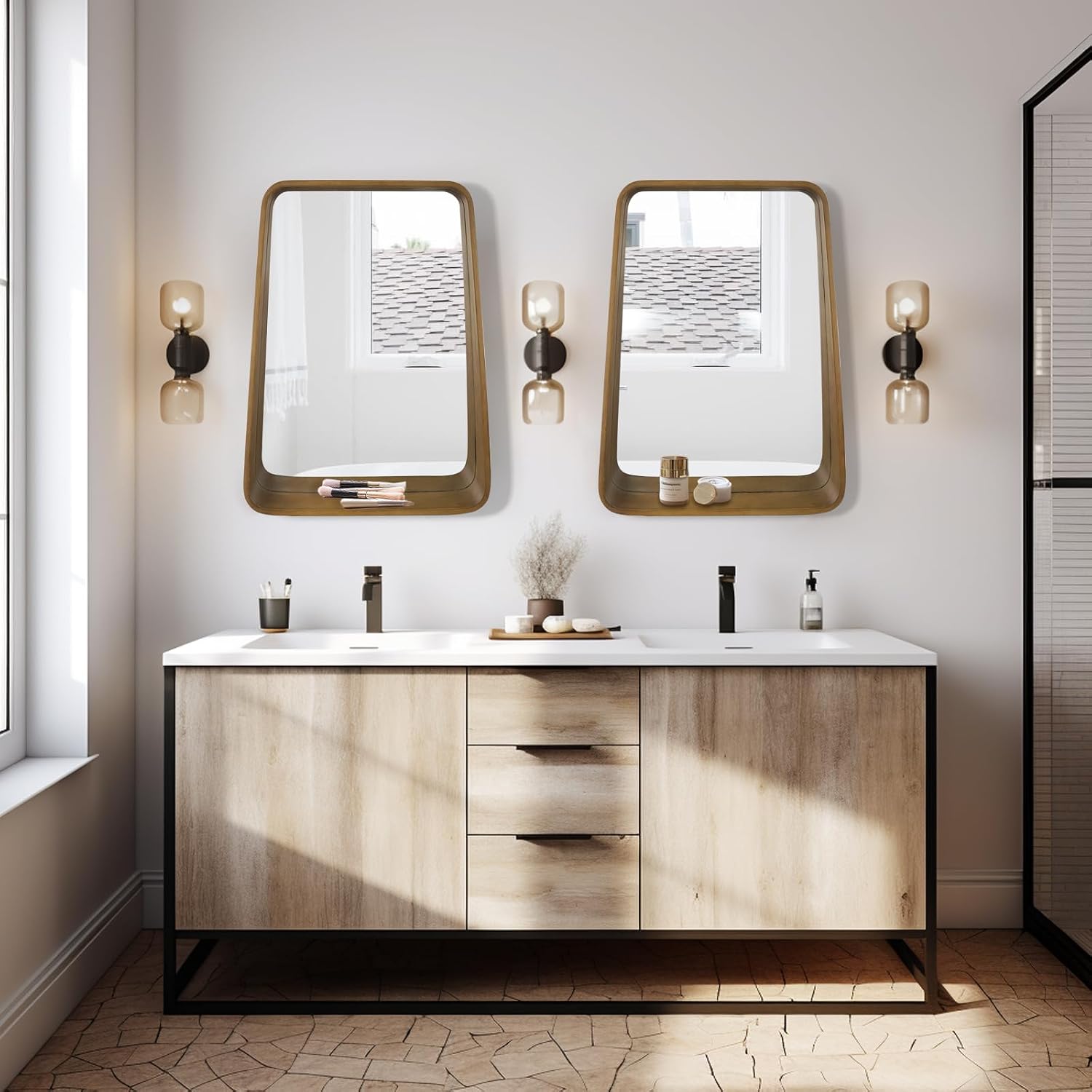 WallBeyond Wall Mirror with Shelf, Wood Frame Mirror for Wall Decorative Hanging Wall Mirror for Bathroom Bedroom Entryway Living Room, 24 × 18 Inch, 2 PCS