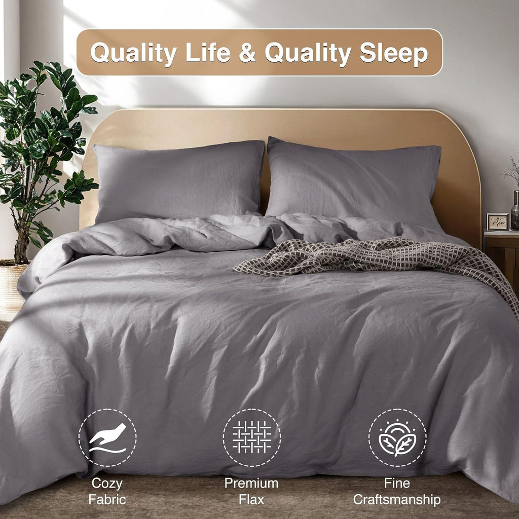SONORO KATE 100% French Linen Duvet Cover Queen Size, Soft Breathable for Hot Sleepers, Moisture Wicking & Durable Cover Set - Zipper Closure & 4 Corner Ties Duvet Covers 3 Piece (Dark Grey,Queen)