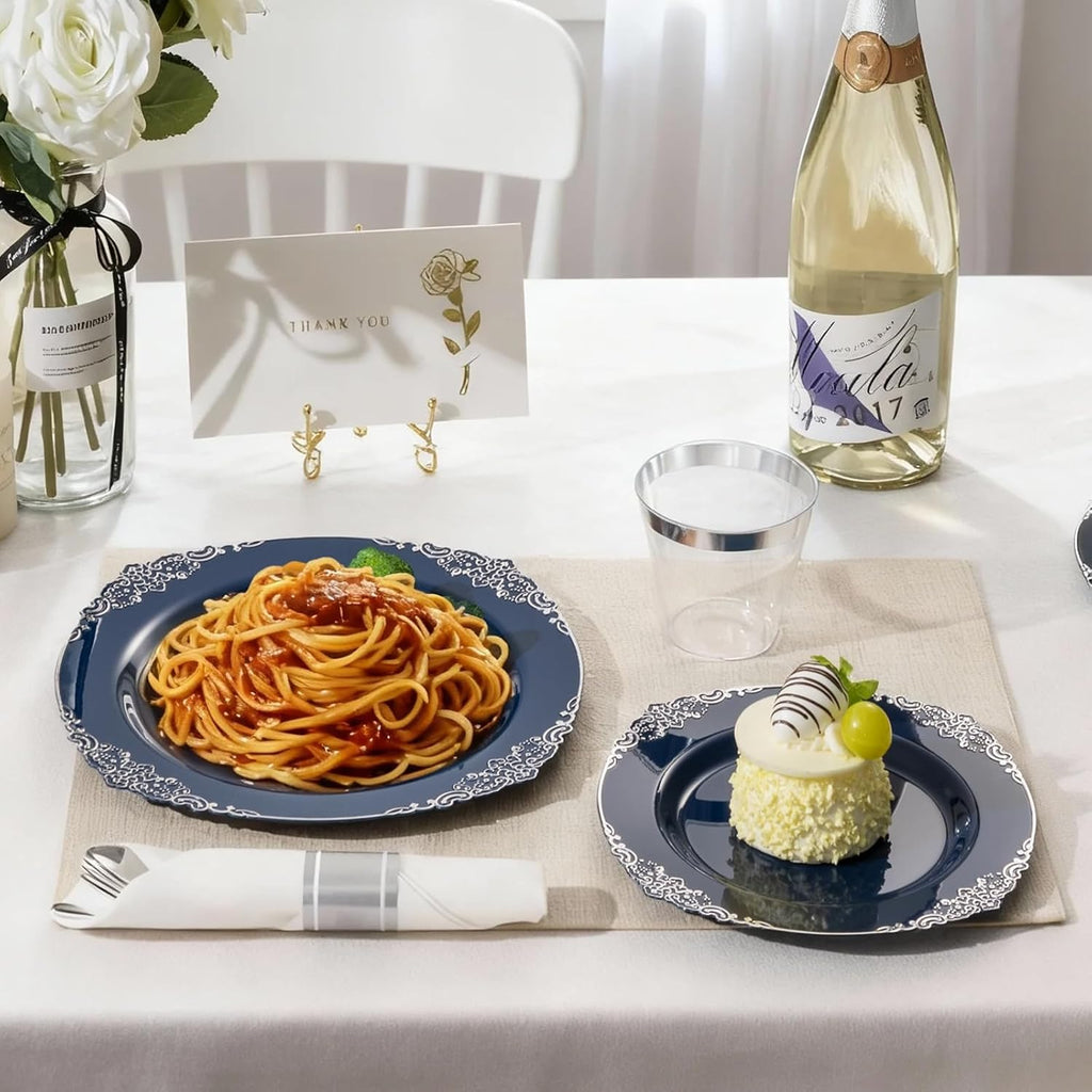Bestluck 700PCS Navy Blue Plates for 100 Guests, Disposable Dinnerware Sets Include 100 Plastic Plates, 100 Silverwares, 100 Cups, and 100 Pre Rolled Napkins for Party, Wedding and Graduation