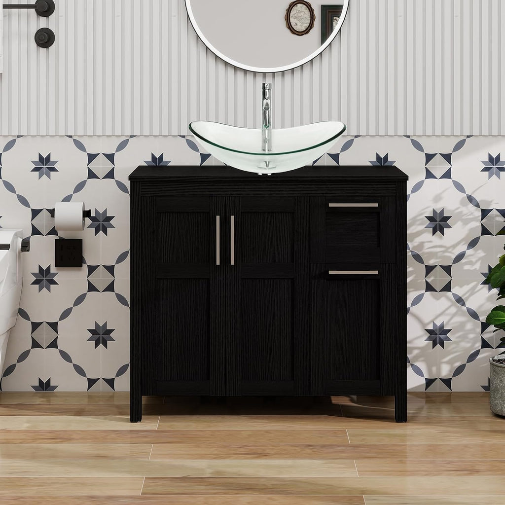 YOURLITE 36 Inches Traditional Bathroom Vanity Set with Single Faucet Hole, Clear Boat Glass Sink, Black Finish, 2-Door Cabinet