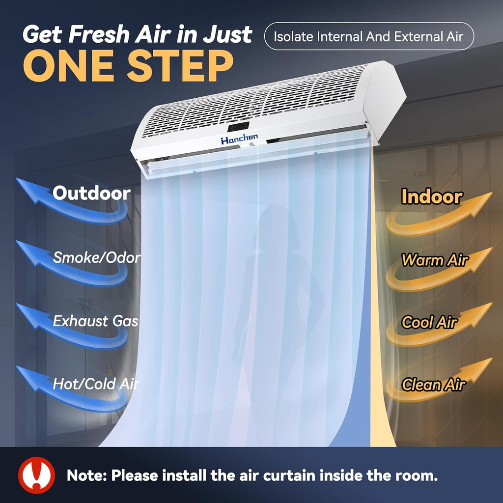 Hanchen 36 Inch Air Curtain 【2026 NEW VERSION】 Magnetic Door Switch 2 Speeds 1527/1292 CFM Uncooled&Unheated Remote Control Super Power Commercial Indoor Heavy Duty Air Door Fan 110V