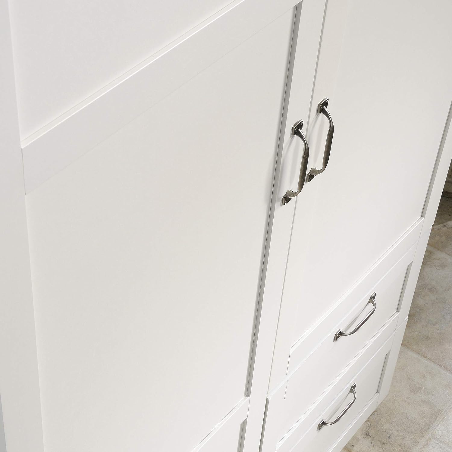 Sauder Select Multipurpose Bedroom Armoire Wardrobe Closet Pantry Storage Cabinet with Storage Drawers and Hanging Rail, in Soft White finish