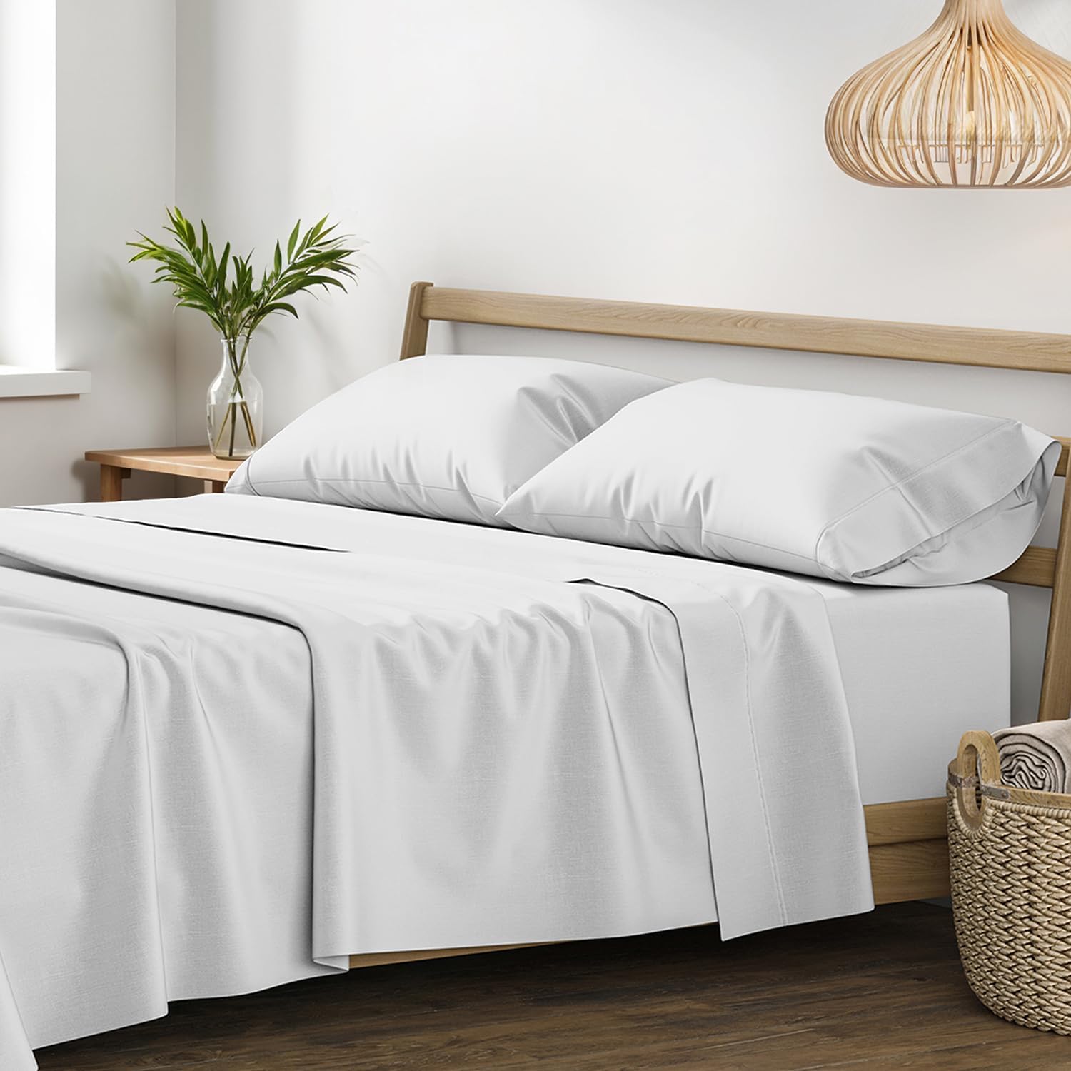 XOOX Linen 100% Egyptian Cotton Queen Sheet Set - Luxury 1200 High Thread Count Egyptian Cotton Sheets Queen Size (4 PC, Light Grey), Silky Soft, Cooling, 17' Deep Pocket Sateen Weave Hotel Bedding