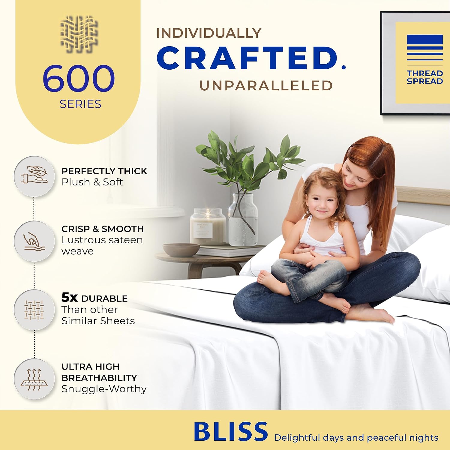 THREAD SPREAD 100% Egyptian Cotton Sheet Set Queen Size - 600 Series Bliss Collection Luxury Sheet Queen Size (Pack of 2, White), Soft, Cooling Hotel Luxury Bed Sheets, Fits Mattress Upto 18'