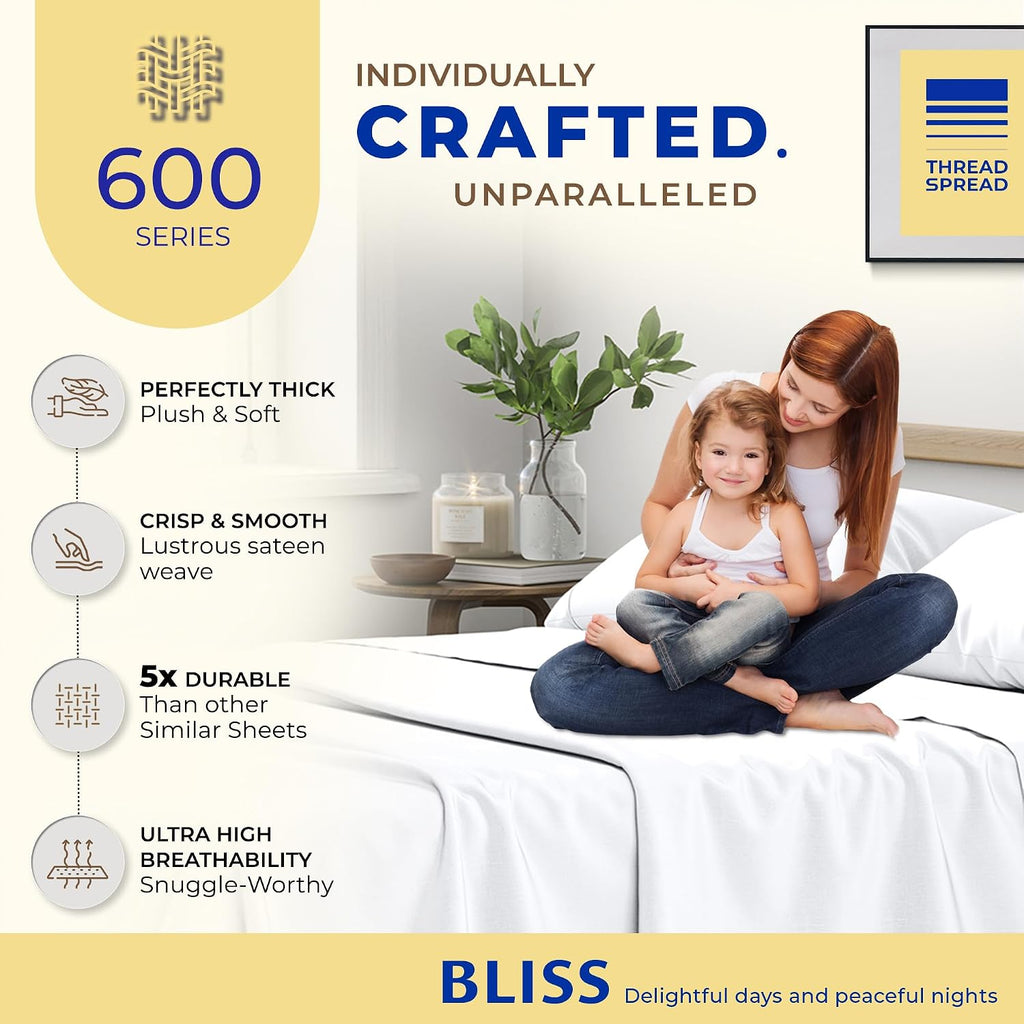 THREAD SPREAD 100% Egyptian Cotton Sheet Set Pack of 2 California King Size - 600 Series Bliss Collection Luxury Sheet Cal King Size (Pack of 2, White), Hotel Bed Sheets, Fits Mattress Upto 18'