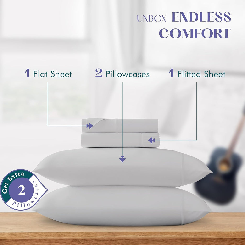 XOOX Linen 100% Egyptian Cotton Sheets Queen Size Bed Set - Luxury 1500 High Thread Count Egyptian Cotton Queen Sheet Set (4 PC, Light Grey), 17' Deep Pocket, Silky Soft, Cooling, Sateen Bedding