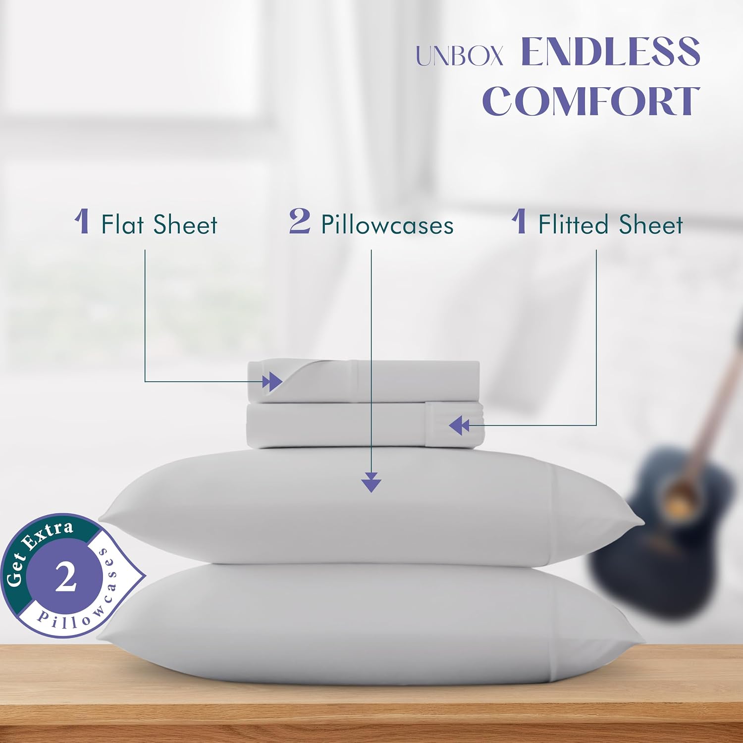 XOOX Linen 100% Egyptian Cotton Sheets Queen Size Bed Set - Luxury 1500 High Thread Count Egyptian Cotton Queen Sheet Set (4 PC, Light Grey), 17' Deep Pocket, Silky Soft, Cooling, Sateen Bedding