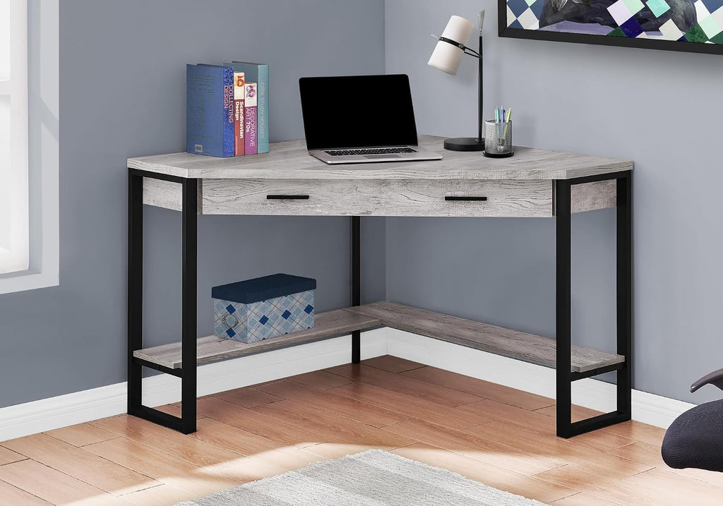 Pemberly Row Corner Computer Desk, 42 in, Reclaimed Wood Gray and Black Finish, Metal Frame, 1 Drawer and Bottom Shelf, Traditional Style, Home Office Writing Desk for Laptop/Tablet Workstation Use