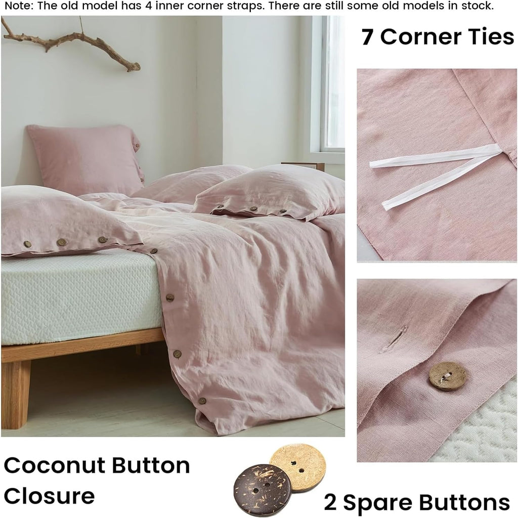 Simple&Opulence 100% Linen Duvet Cover Set 3pcs with Coconut Button Closure Natural French Washed Flax Solid Color Soft Breathable Farmhouse Bedding - Blush Pink, Queen Size