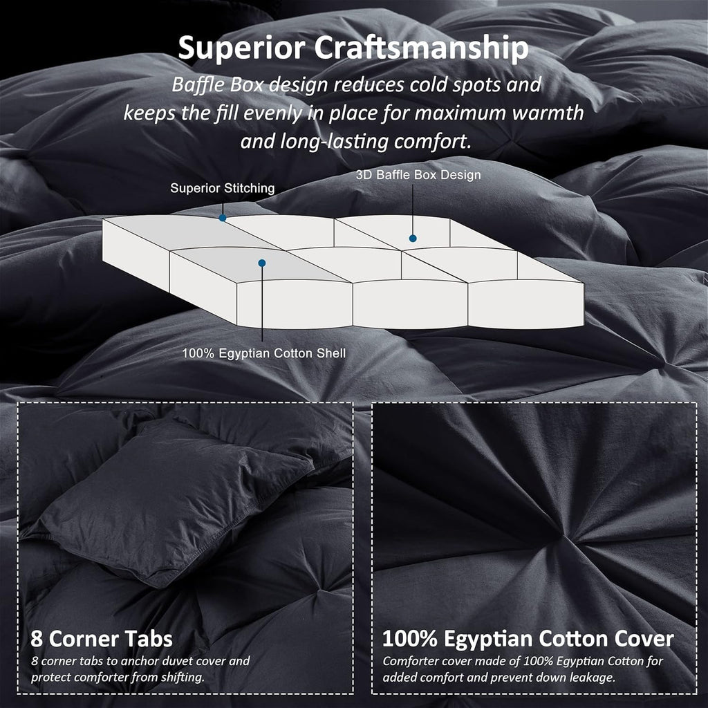 Luxurious Queen Size Goose Down Feather Fiber Comforter Duvet Insert, 100% Egyptian Cotton Cover, 60 oz. Fill Weight Comforter (Queen, Black Pinch Pleat)