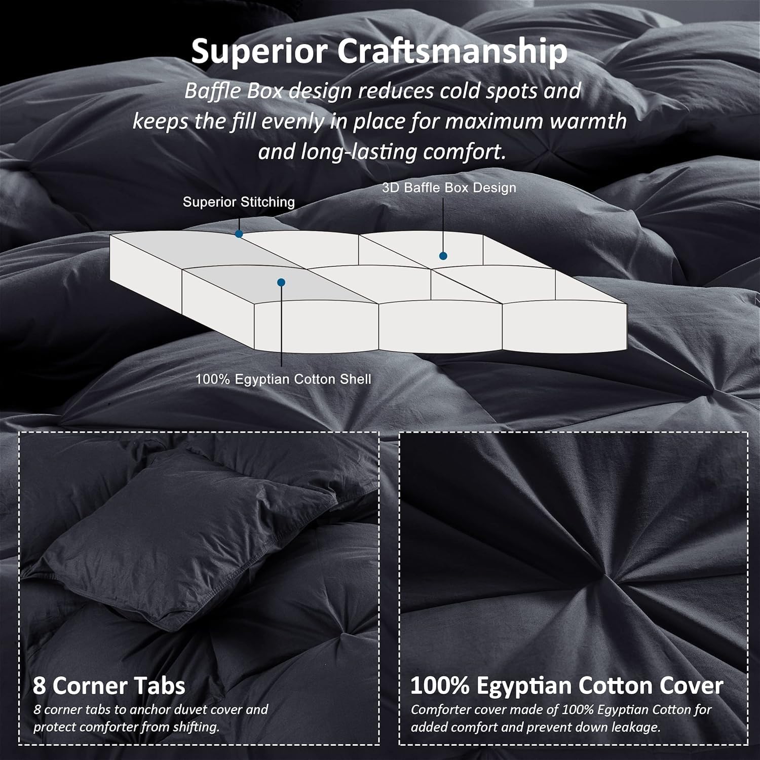 Luxurious Queen Size Goose Down Feather Fiber Comforter Duvet Insert, 100% Egyptian Cotton Cover, 60 oz. Fill Weight Comforter (Queen, Black Pinch Pleat)