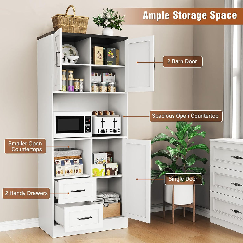Bigbiglife Farmhouse Kitchen Pantry Cabinet with LED Lights and Power Strip, Tall Kitchen Storage Cabinet, Kitchen Hutch with Microwave Stand & Barn Doors and Drawers for Dining Room (White)