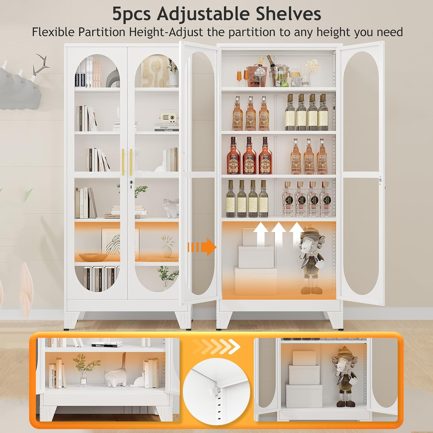 PAOFIN 75' H Locking Display Cabinet with Glass Door, Metal Cabinets with 5 Adjustable Shelves, Cabinet Display Case for Living Room, Collectibles, Clinic, Home - Assembly Required White
