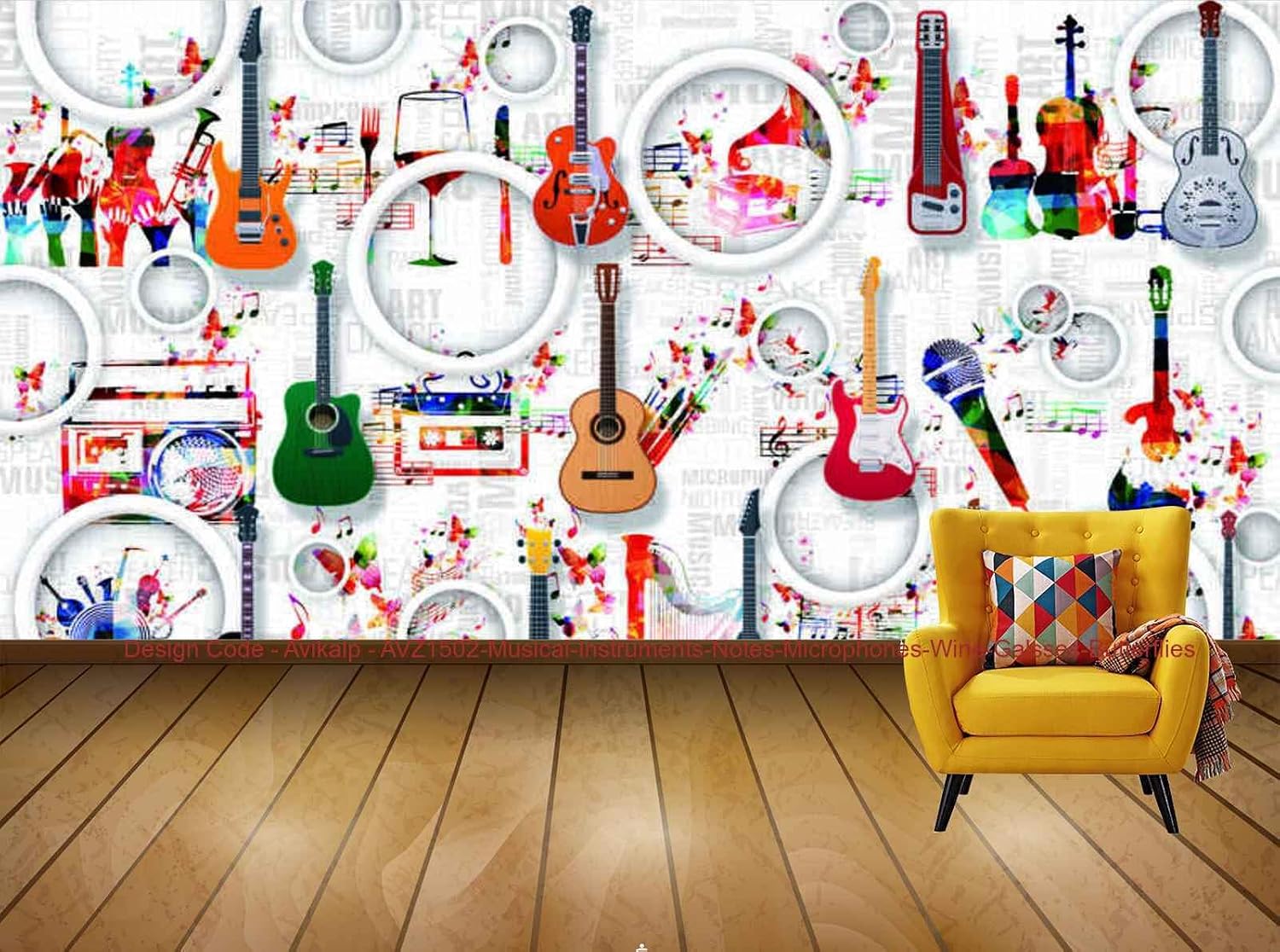 Avikalp Exclusive AVZ1502 Musical Instruments Notes Microphones Wine Galsses Butterflies HD 3D Wall Sticker(152cm x 121cm)