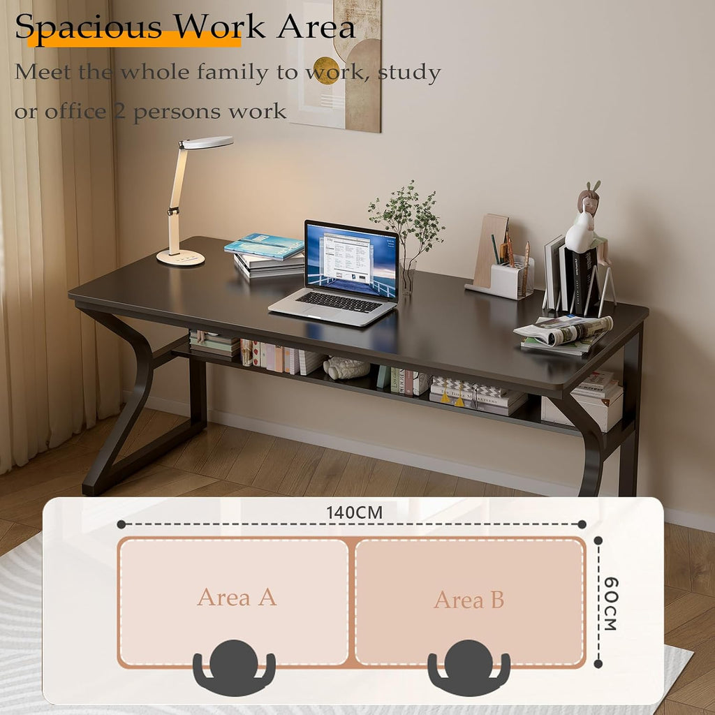 OSCHF Extra Long Desk with Bookshelf - 55' Double Long Writing Table for 2-Person Workstation, Modern Study Work Computer Desk for Home and Office, Black
