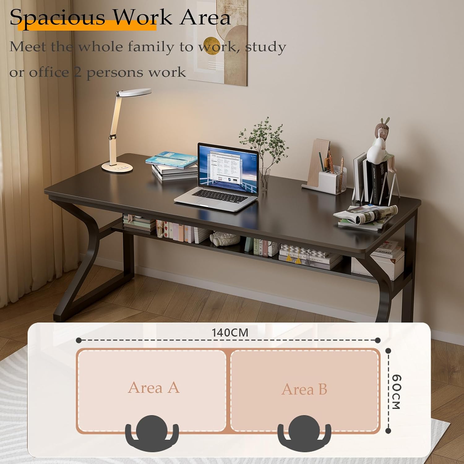 OSCHF Extra Long Desk with Bookshelf - 55' Double Long Writing Table for 2-Person Workstation, Modern Study Work Computer Desk for Home and Office, Black