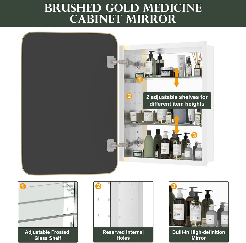 WallBeyond Bathroom Medicine Cabinet with Mirror, 16x24 Inch Gold Recessed Medicine Cabinet with Round Corner Aluminum Alloy Metal Framed.