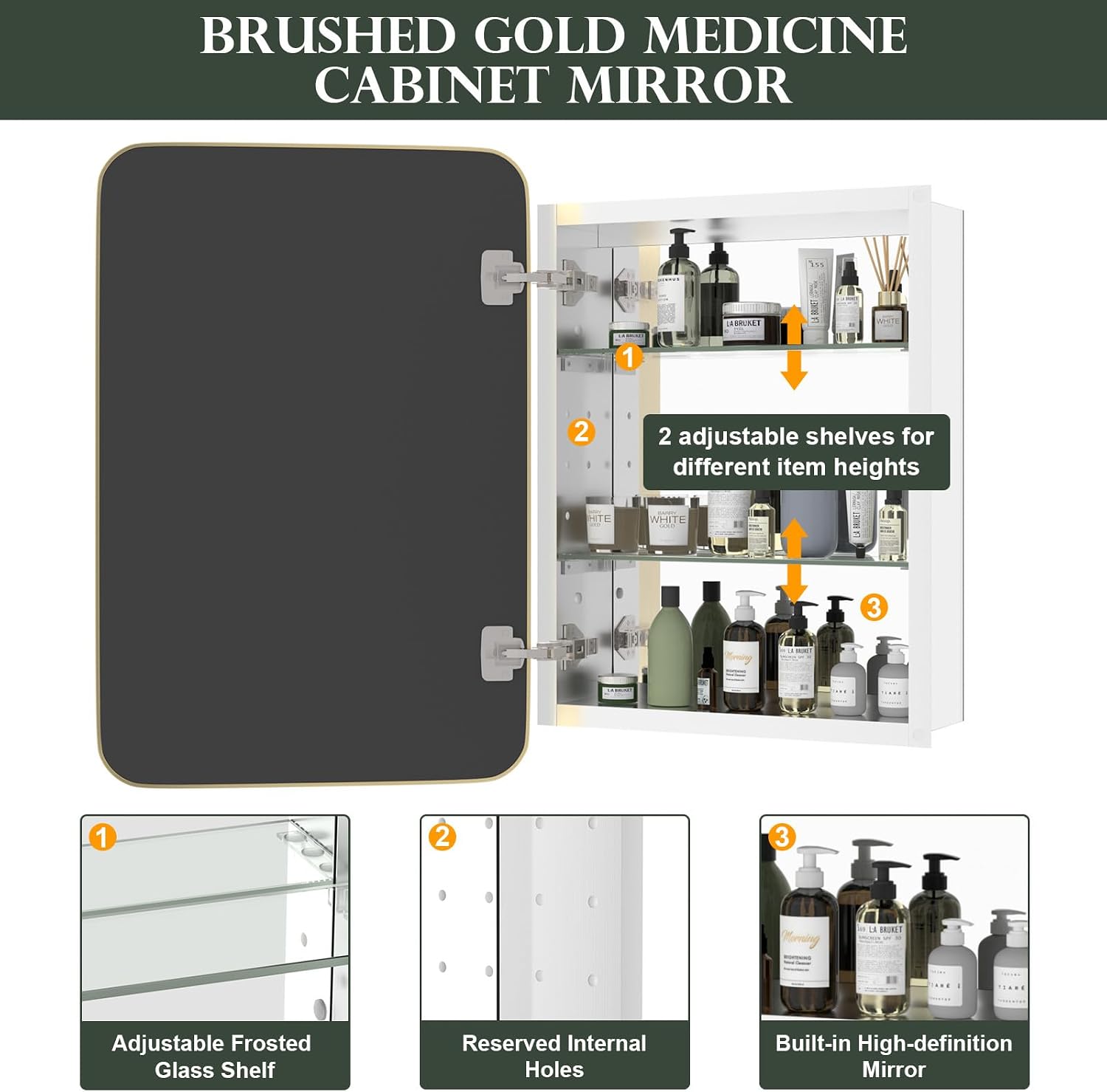 WallBeyond Bathroom Medicine Cabinet with Mirror, 16x24 Inch Gold Recessed Medicine Cabinet with Round Corner Aluminum Alloy Metal Framed.
