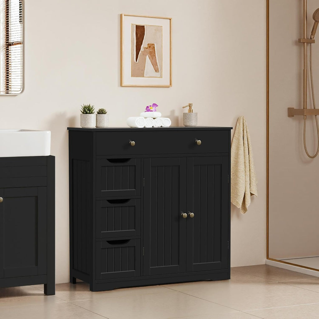 Topeakmart Storage Cabinet with 4 Drawers and 2 Doors, Adjustable Shelves, Freestanding Cabinet for Kitchen, Dining Room, Living Room, Entryway, Black