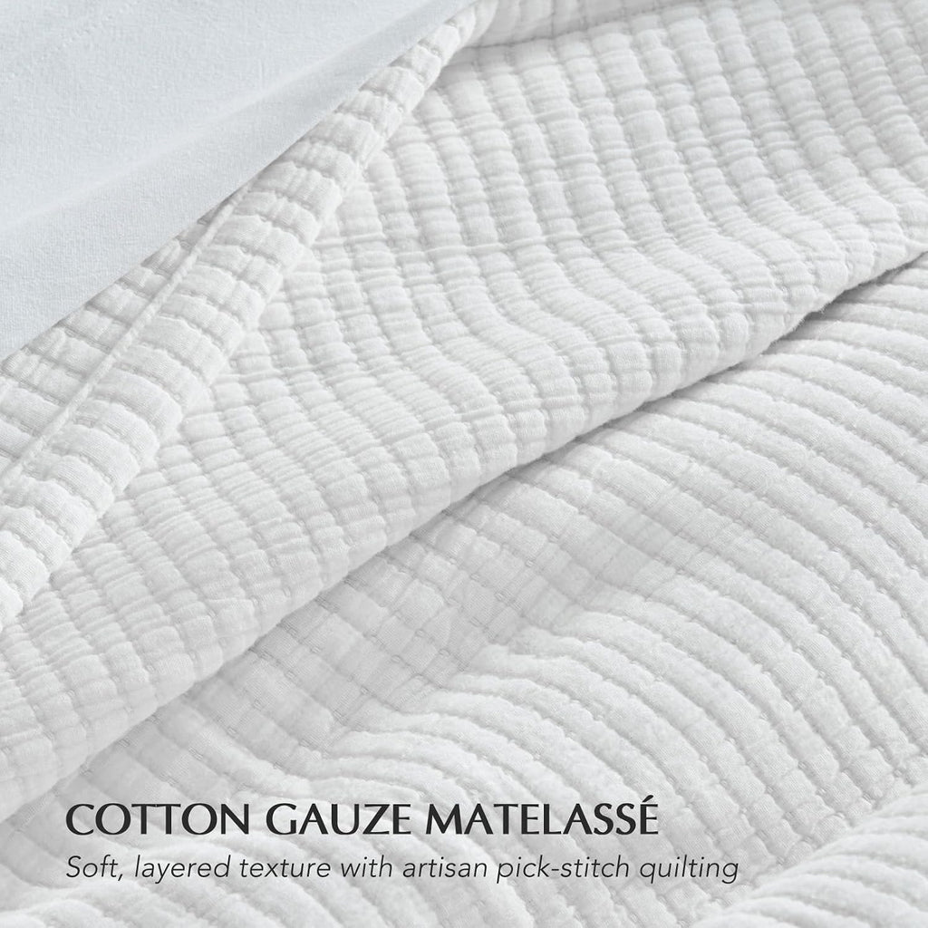 EVERGRACEHOME Cotton Gauze King Bedspread, Ultra Soft Prewashed Pick Stitch Matelassé Coverlet, Lightweight Textured Oversized King Quilt Bedding Set for All Season, with 2 Shams, Ivory White