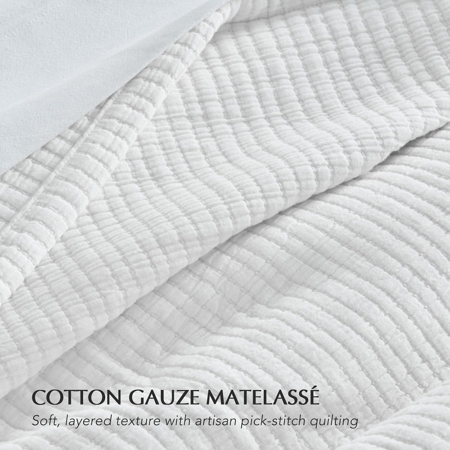 EVERGRACEHOME Cotton Gauze King Bedspread, Ultra Soft Prewashed Pick Stitch Matelassé Coverlet, Lightweight Textured Oversized King Quilt Bedding Set for All Season, with 2 Shams, Ivory White