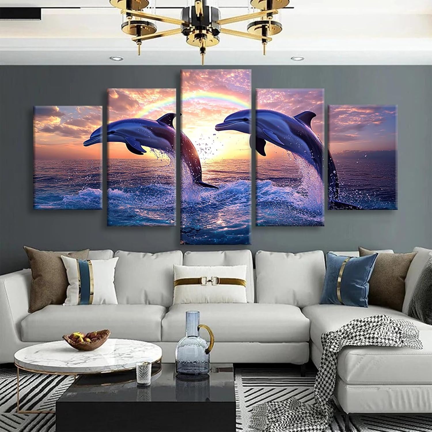 Rainbow Diamond Art 5 Piece Diamond Painting Dolphin 5D DIY Full Square Drill Dimond Art Paintings Crystal Crafts for Adults Gem Painting for Home Decor, Large Artwork for Wall 36 x 70 Inch, Model306