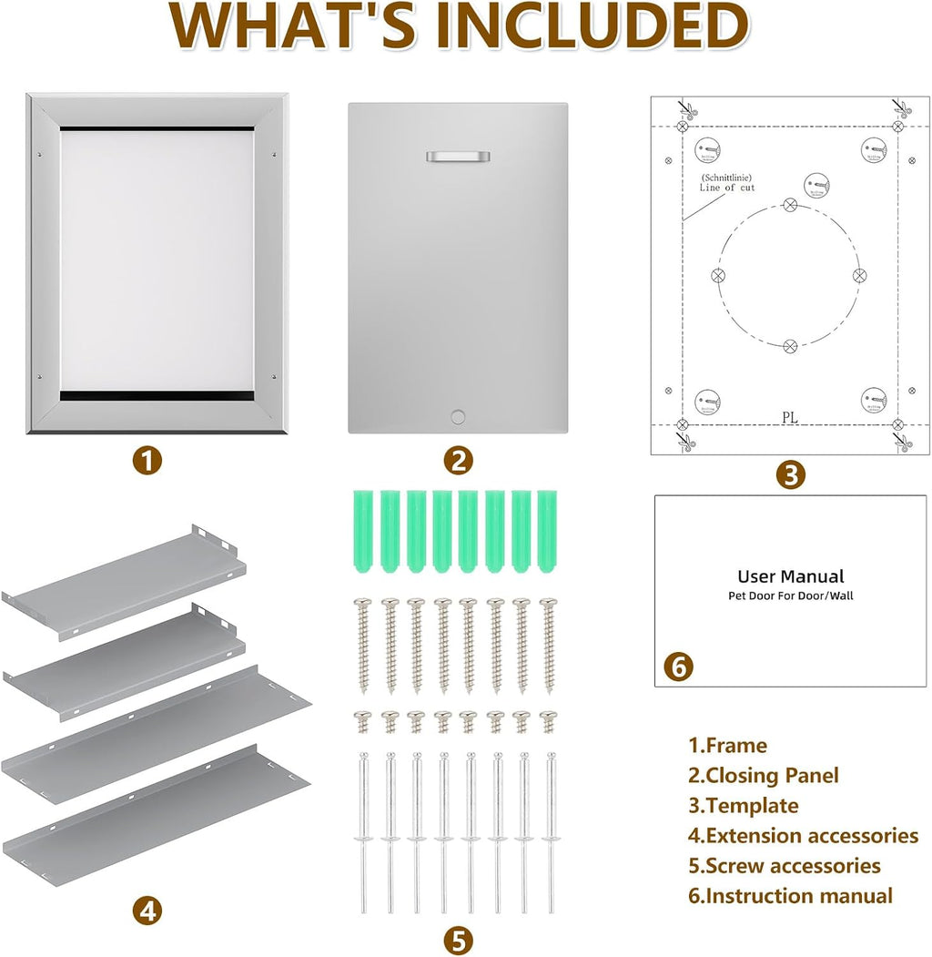 Ownpets Aluminum Dog Door for Wall and Door, Double Flap Energy Efficient, Telescoping Tunnel and Lock Panel, Heavy Duty Doggy Door for Dogs Up to 40lbs, Medium