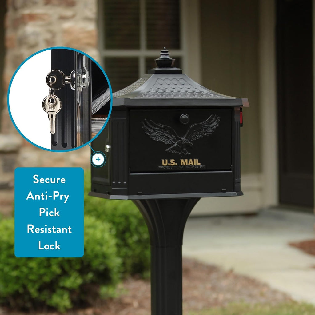 Architectural Mailboxes Hamilton™ Secure, Locking USPS Approved Heavy Duty, Cast Aluminum Metal Post Mounted Mail Box for Outside, Black Large Curbside Mailbox with Magnetic, Lockable Double Doors