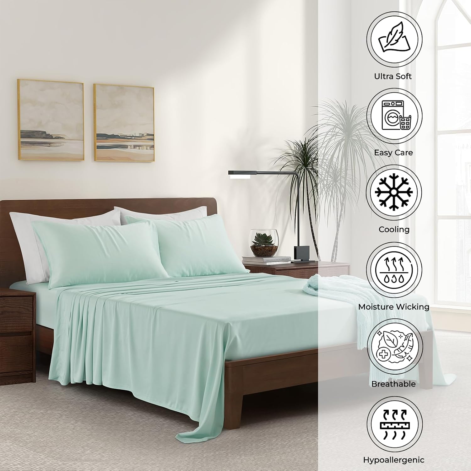 Luxury Bamboo Market | Queen Size Bed Sheet Set | 100% Viscose Made from Bamboo | Organically Grown | Ultra Soft | Cooling Sheets for Hot Sleepers | 17' Deep Pocket [Coastal Green]