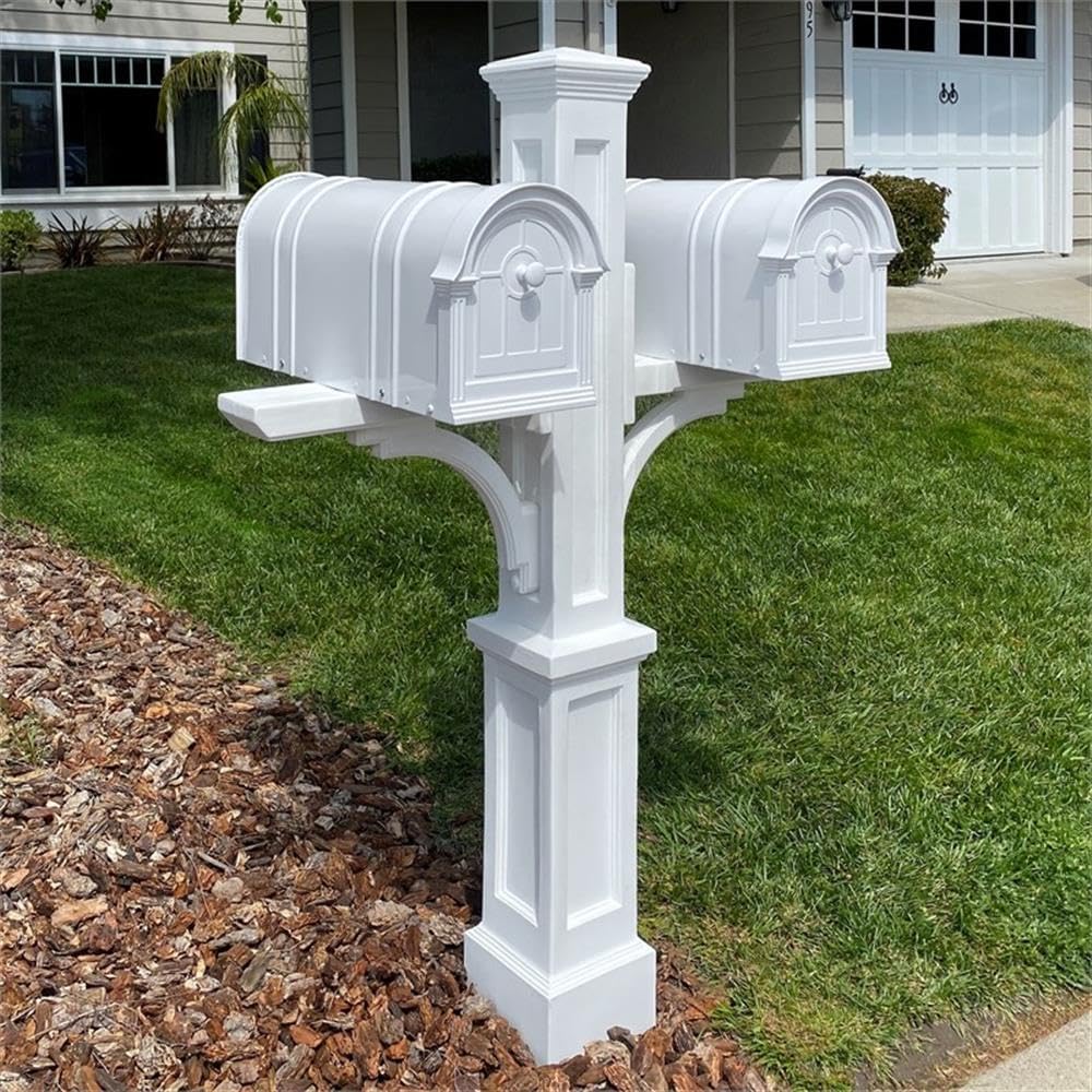 Pemberly Row Contemporary Plastic Mail Post, 56.5' H, Double Arm Traditional Style, Weatherproof, UV Resistant, White Finish, Decorative Mailbox Support Arms for Residential or Commercial Use