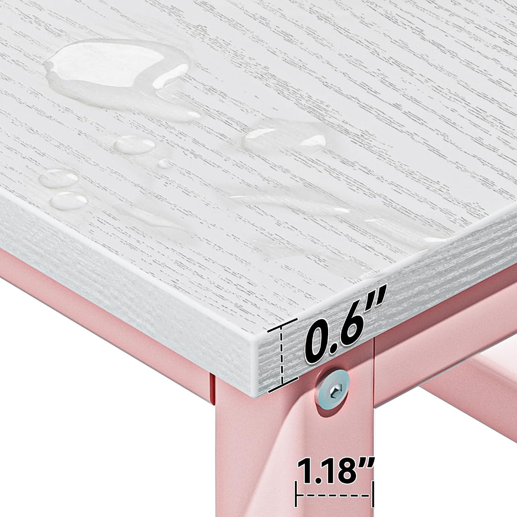 Aquzee Pink Girls Desk Hutch, 47in Woman Computer Desk with Bookshelf & Storage Shelves, Space Saving Girls Writing Study Craft Table for Bedroom Kids Room, White Wood & Pink Iron Home Office Desks