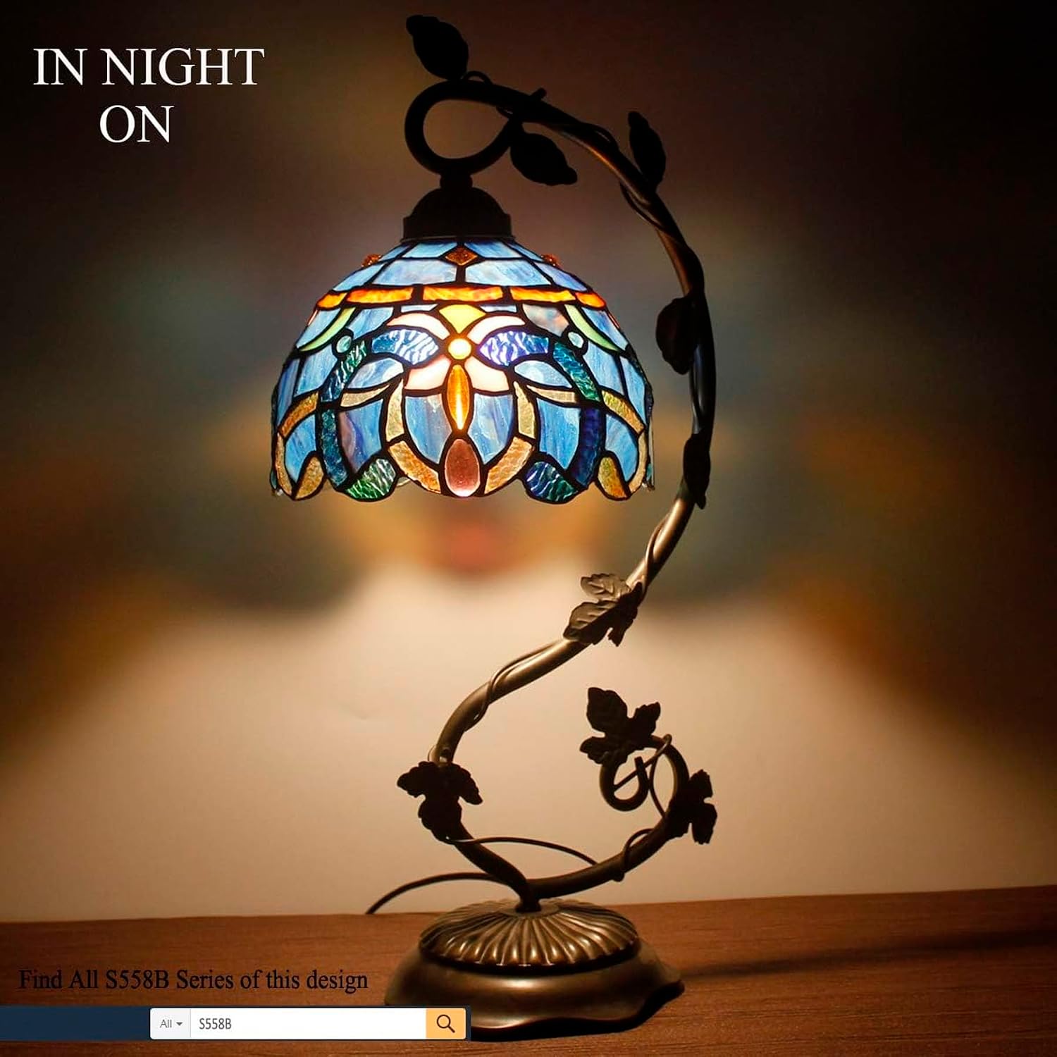 WERFACTORY Tiffany Lamp Cloudy Blue Stained Glass Table Lamp, Metal Leaf Base 8X10X21 Inches Reading Desk Light Decor Small Space Bedside Bedroom Home Office S558 Series