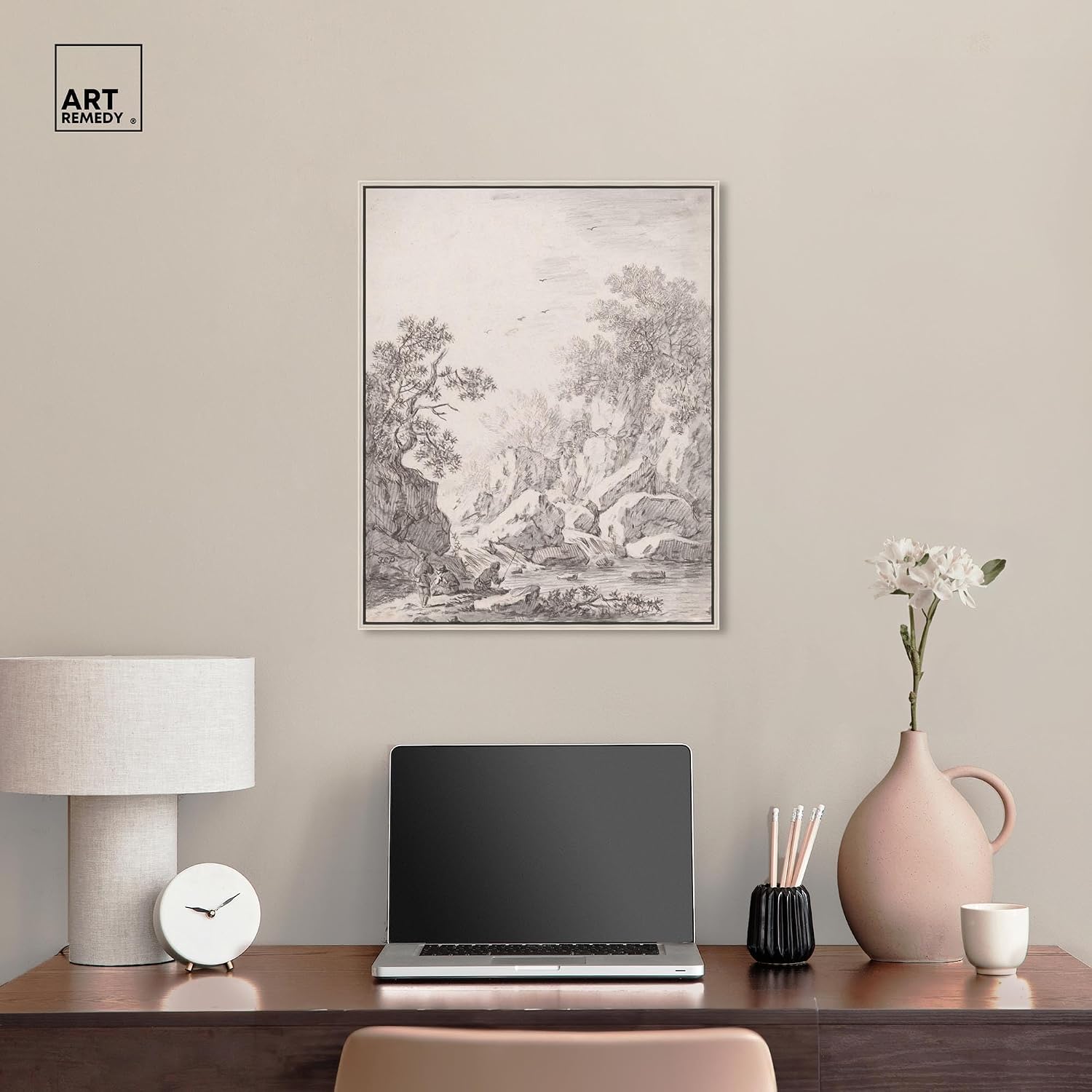 Art Remedy A Waterfall by Rock Cliffs 1750s Canvas Classic Sketches, Silver Frame, 20' x 24'