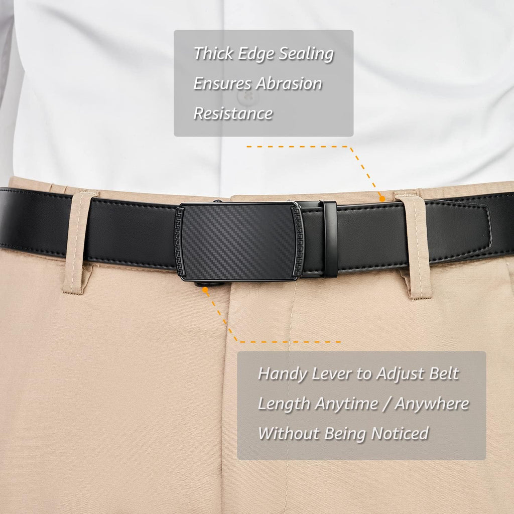 Ratchet Belt for Men, Genuine Leather Adjustable Click Dress Belt with Slide Buckle, Trim to Fit, Gift Box Included