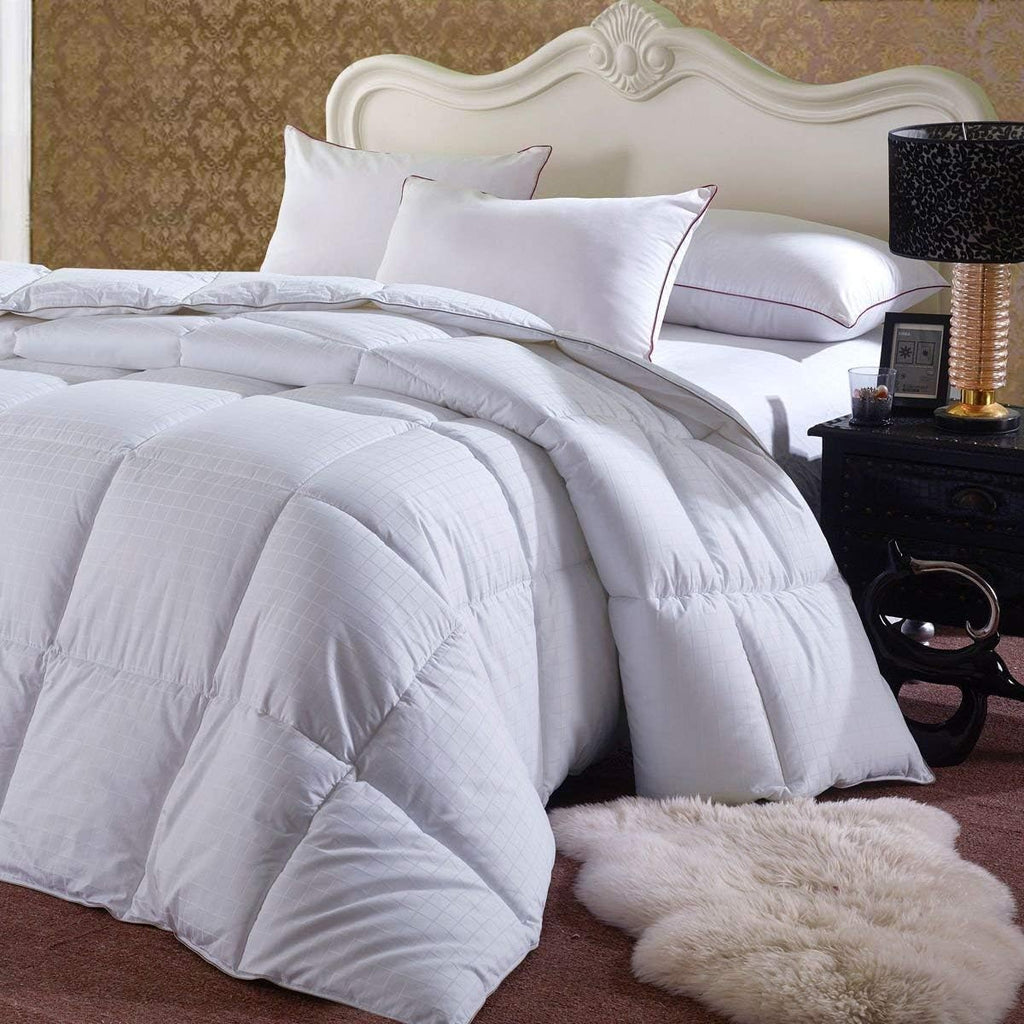 Royal Hotel Bedding Goose Down Comforter Queen, 300 Thread Count 100% Cotton Dobby Checkered Shell, 600FP, 33 Ounce Down Fill