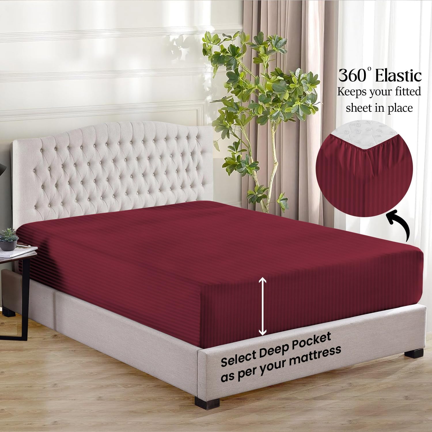1000 Series- Extra Long Staple 100% Egyptian Cotton Sheet Set,Sateen Weave, Hotel Quality Soft Luxury Bedding, Queen Size 4 Piece Sheet Set Fit 15' Inch to 18' Deep Stripe Burgundy