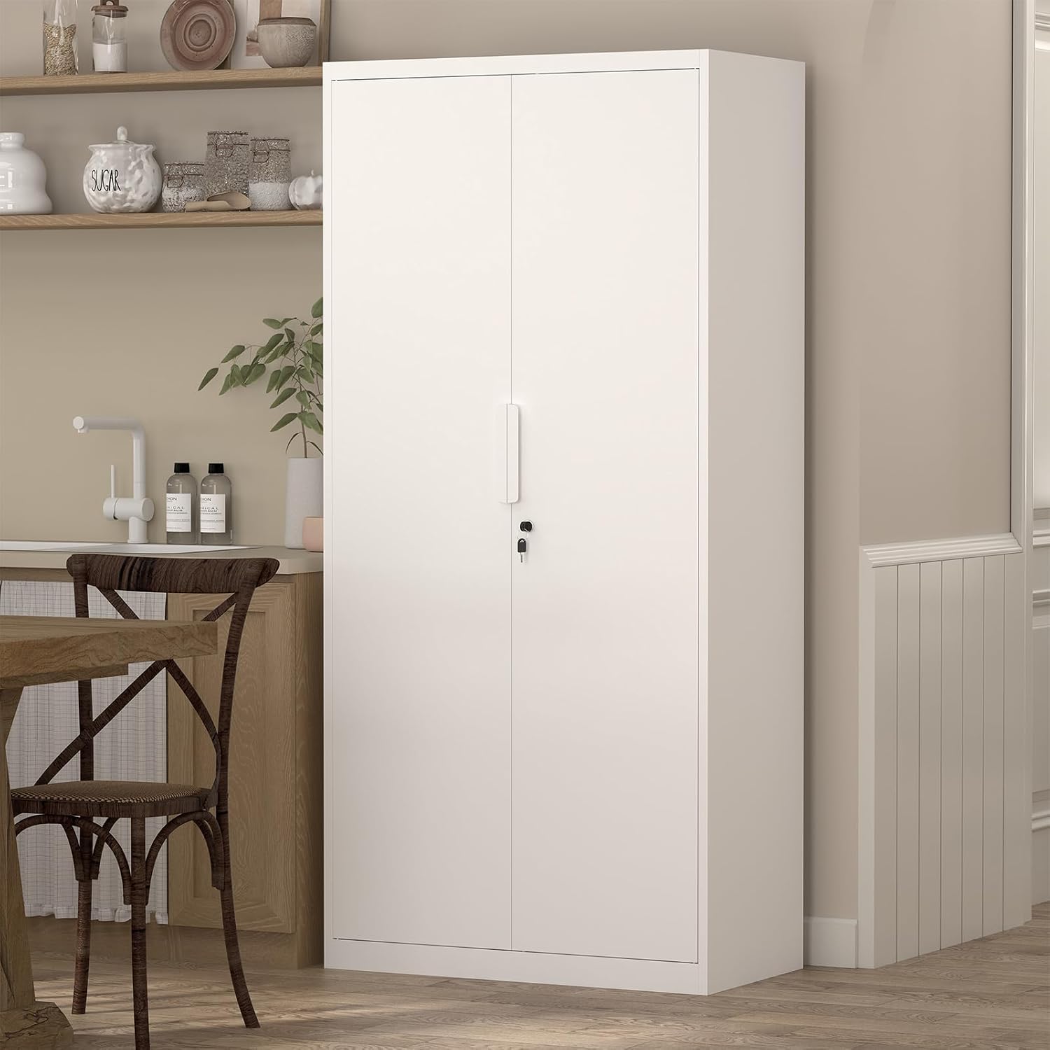 72' H Metal Garage Storage Cabinet with 2 Doors and 4 Shelves, White Steel Locking File Cabinet, Metal Storage Cabinets for Office, Home, Garage, Gym, School