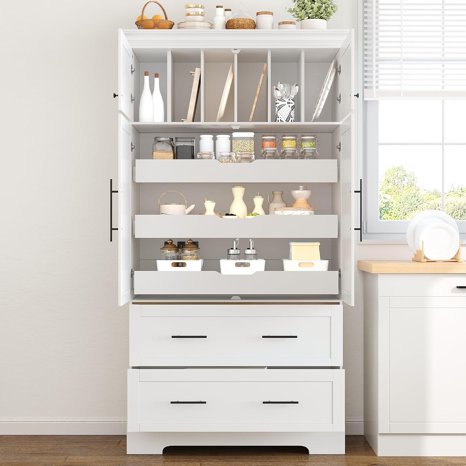 Freestanding Kitchen Pantry Storage Cabinet, 72.6''H Tall Wooden Kitchen Organizers with 2 Doors, Pull-Out Trays, 2 Drawers and Cake Pan Storage for Dining Room Living Room (White-1.12)