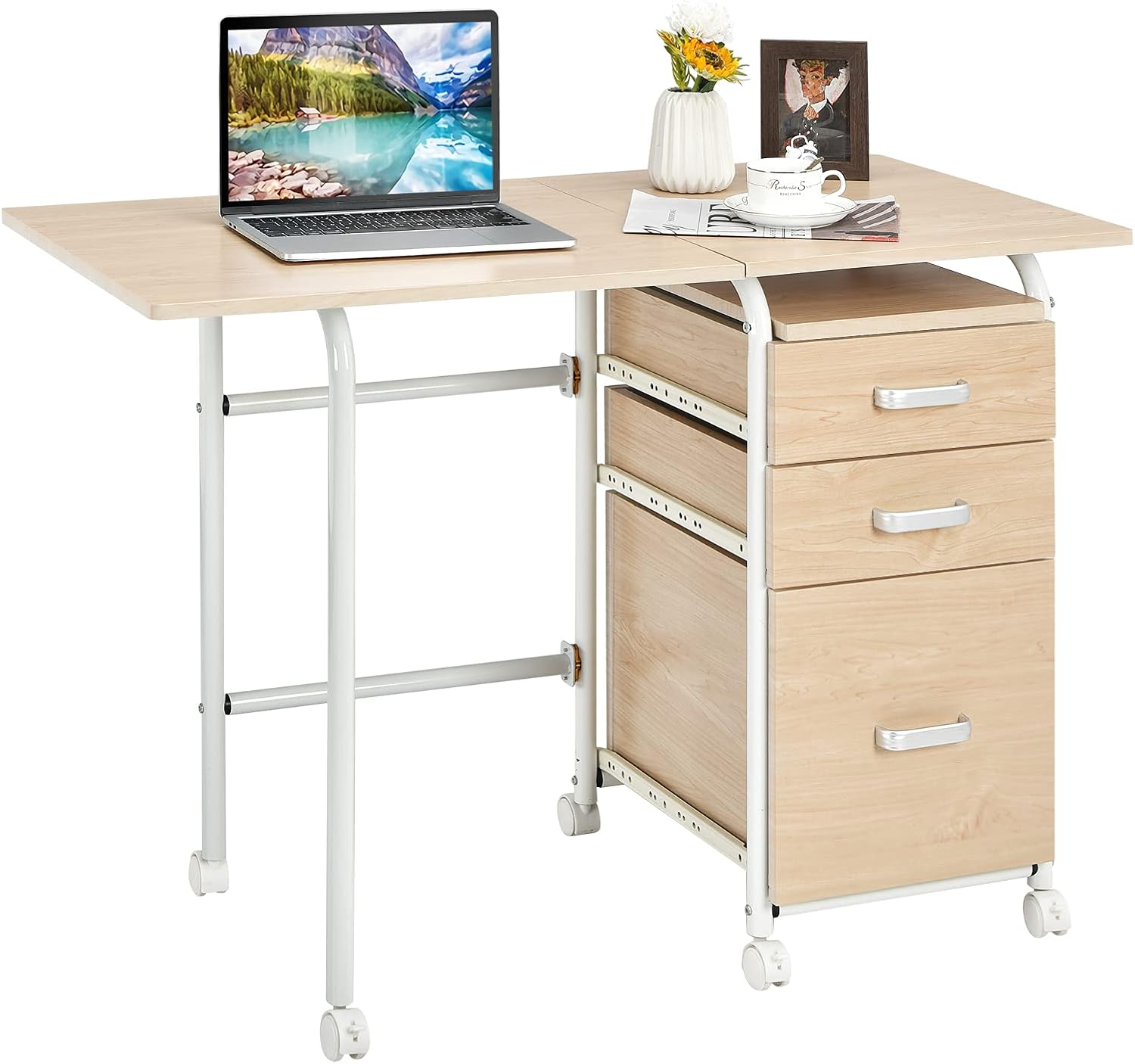 Tangkula Folding Computer Desk with 3 Storage Drawers, Mobile Home Office Desk Study Writing Desk with Smooth Wheels, Space Saving Compact Desk for Dorm Apartment, Rolling Folding Desk Table